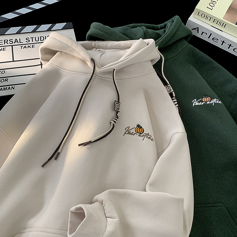 High-click heavy embroidery plus velvet pullover hooded sweatshirt for men