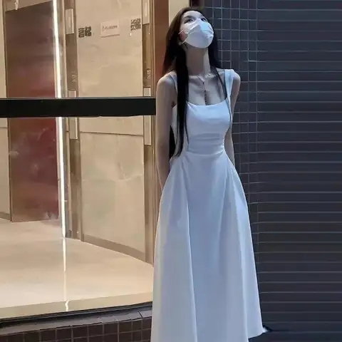 White suspender dress for women 2024 summer new style French tea break little first love waist a-line long skirt