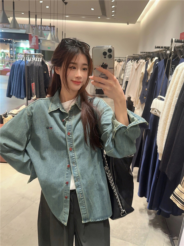 Early autumn smiley face embroidered blue denim shirt women's shirt top design Polo collar jacket