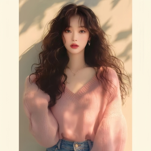 Sweet, soft and super pretty pink v-neck pullover sweater 2024 early autumn new Korean style lazy style outfit for women