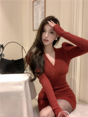 Age-style retro wool waist slimming dress women's autumn and winter new v-neck temperament short skirt