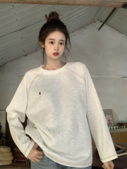 Chinese cotton composite milk silk spring and autumn thin trendy loose design embroidered round neck Korean style top