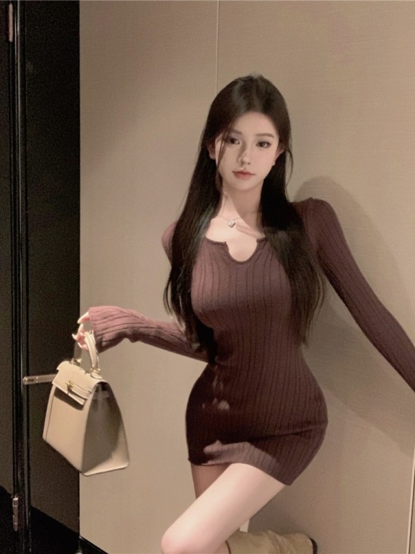 New bottoming pullover long-sleeved short skirt slimming pure desire tight little knitted dress