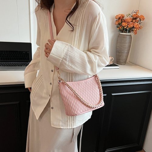 Fashion casual pleated bucket bag for women 2024 new Korean ins niche simple shoulder bag chain crossbody bag