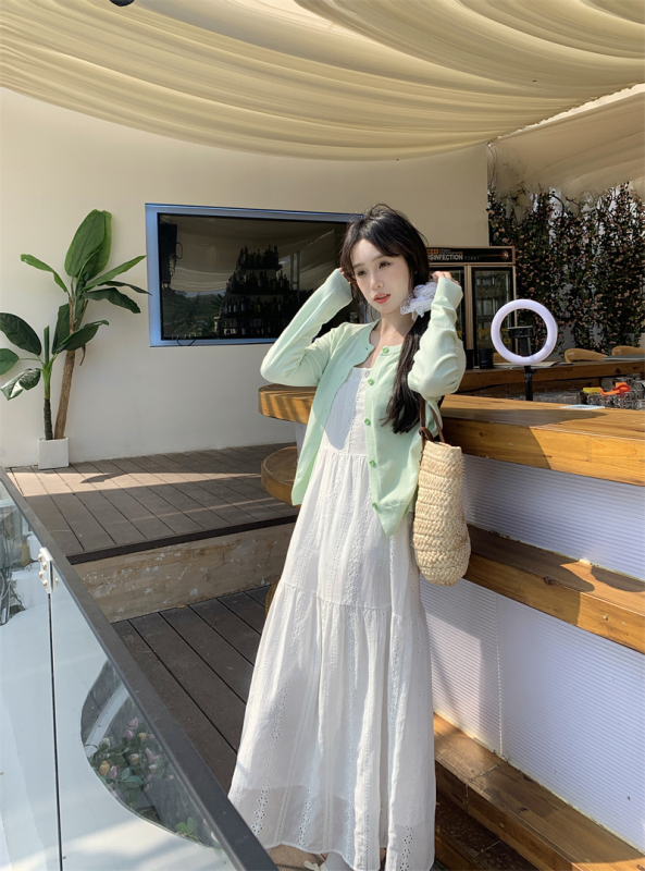 Real shot and real price French sweet lace heavy suspender long skirt + long-sleeved knitted cardigan for women
