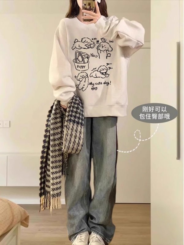Imitation cotton Chinese cotton composite milk silk 320g silver fox velvet 420g round neck loose sweatshirt