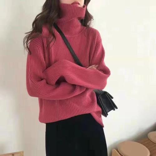 Red lazy loose pitted turtleneck sweater for women autumn and winter new Korean version with slim vertical texture knitted sweater top