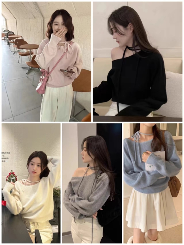Korean style fashionable high-end solid color lace-up lazy long-sleeved sweater top pullover sweater