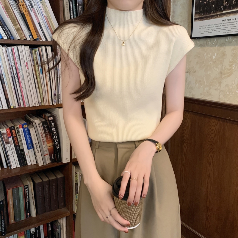 Real shot and real price Autumn Korean style slim half turtleneck solid color versatile andi velvet knitted short-sleeved top for women