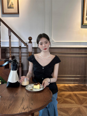 Real shot of romantic French niche vest smocked waist shirt top