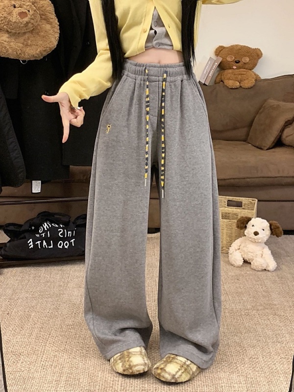 Designed wool drawstring plus velvet glutinous rice pants winter loose high waist wide leg pants casual floor mopping pants
