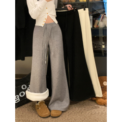 Cashmere plus velvet drawstring wide-leg pants for women, drapey loose pants, casual pants, floor-length trousers