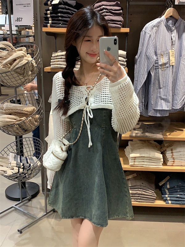 2024 new style simple long-sleeved hollow sweater with denim suspender dress two-piece set for women