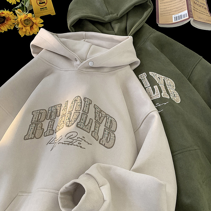 High click men's suede heavyweight patch embroidered pullover hooded sweatshirt