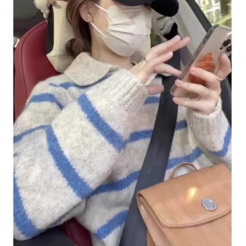 Korean style striped lapel raccoon velvet pullover sweater for women petite lazy style cashmere v-neck sweater 2024 winter