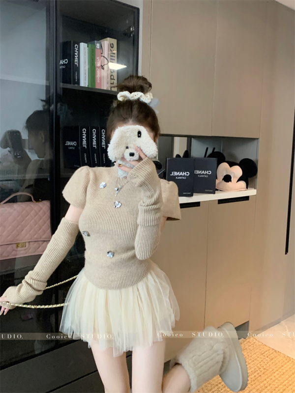 Heavy industry sequin three-dimensional flower puff sleeves slim fit matching sleeve knitted top for women