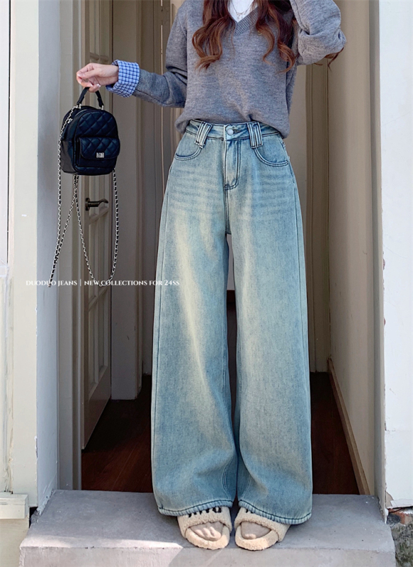 Autumn and winter thickened velvet wide-leg jeans for women high-waist slim straight floor-length trousers