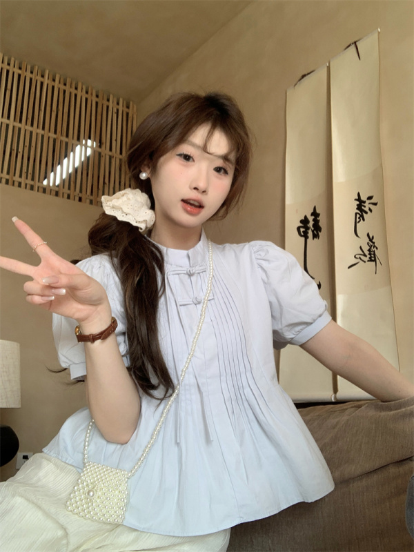 Actual shot and real price Chinese-style pleated shirt with buckle design