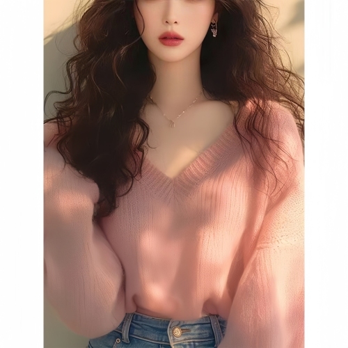 Sweet, soft and super pretty pink v-neck pullover sweater 2024 early autumn new Korean style lazy style outfit for women