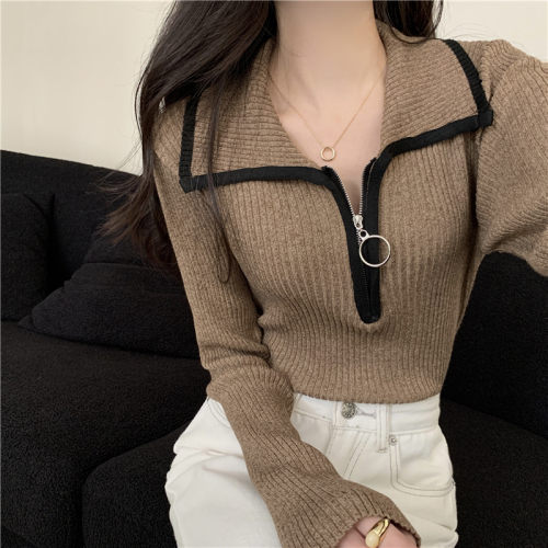American lapel half-zip sweater for women autumn 2024 new outer wear high-end slim and chic long-sleeved sweater