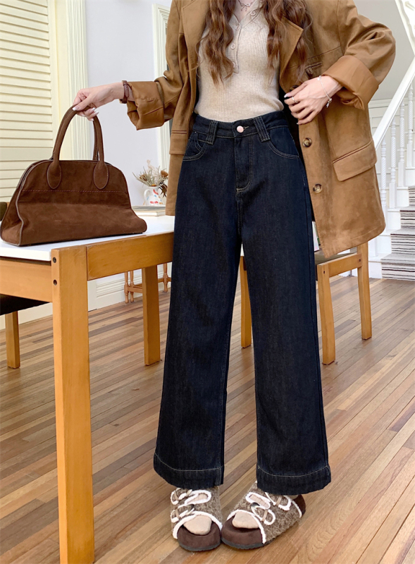 Autumn and winter retro velvet thickened wide-leg jeans for women high-waisted loose straight trousers for small people