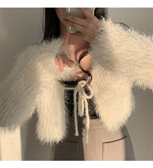 Korean chic early spring loose and versatile furry lace-up short sweater coat slim and warm knitted cardigan for women