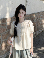 Real shot of French sweet short-sleeved lace shirt for women, pure cotton puff sleeves, age-reducing doll shirt, slimming top