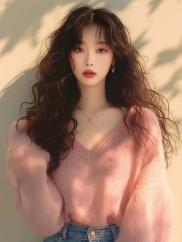 Sweet, soft and super pretty pink v-neck pullover sweater 2024 early autumn new Korean style lazy style outfit for women