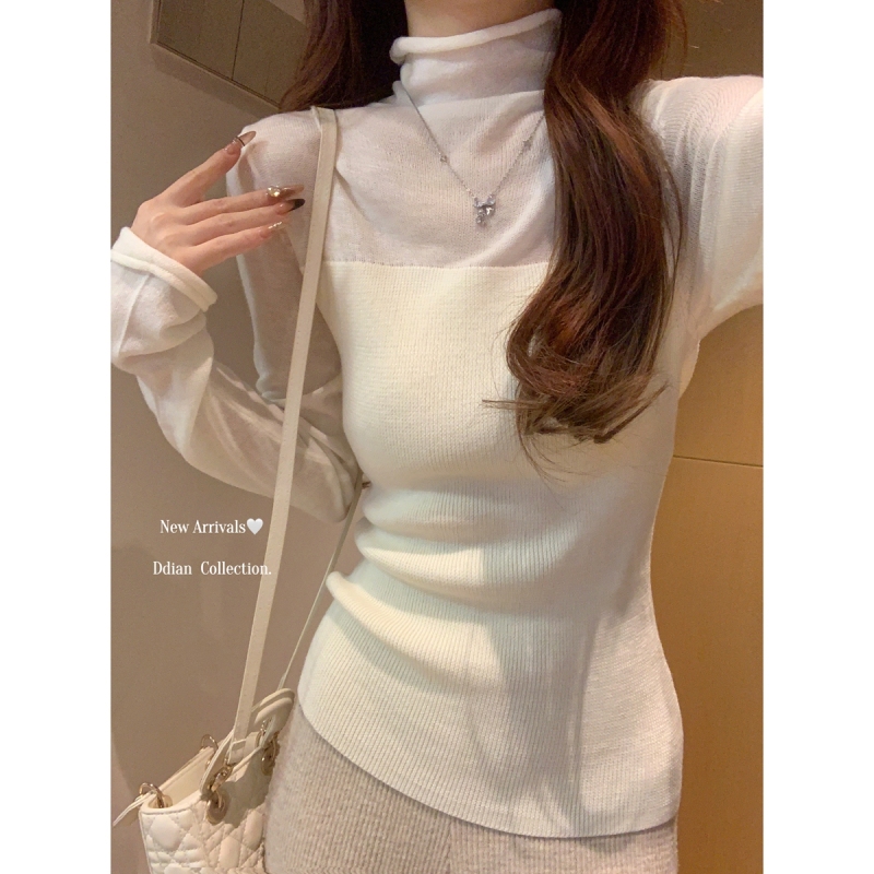 Autumn and winter Korean style pile collar pure desire see-through splicing 6 wool sweater bottoming long-sleeved sweater