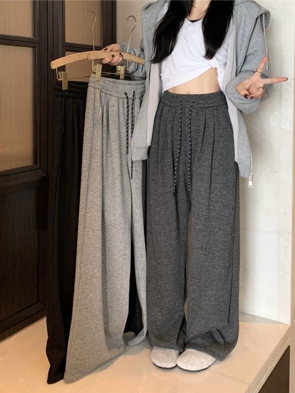 Thickened and velvet gray straight high-waisted slimming and drapey floor-length trousers