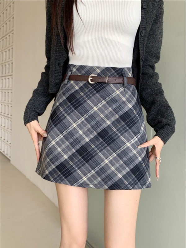 Real shot~Autumn and winter Korean style woolen retro high-waist chic warm diagonal plaid hip A-line skirt