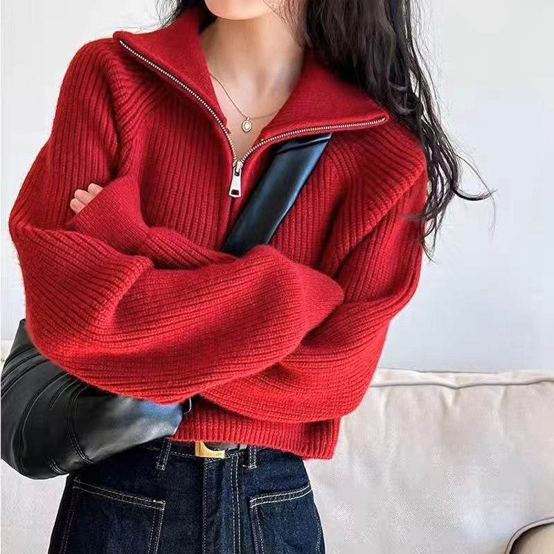 2024 new autumn and winter Korean style loose stand-up collar design half zipper short zipper thickened knitted sweater for women