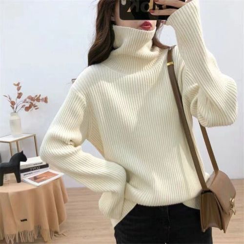 Red lazy loose pitted turtleneck sweater for women autumn and winter new Korean version with slim vertical texture knitted sweater top