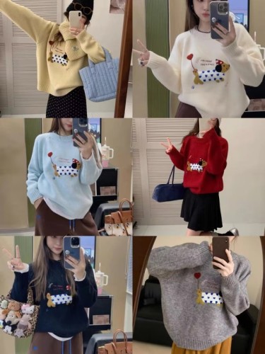 2024 Autumn Korean style round neck thorn show cartoon dog loose knitted sweater for women