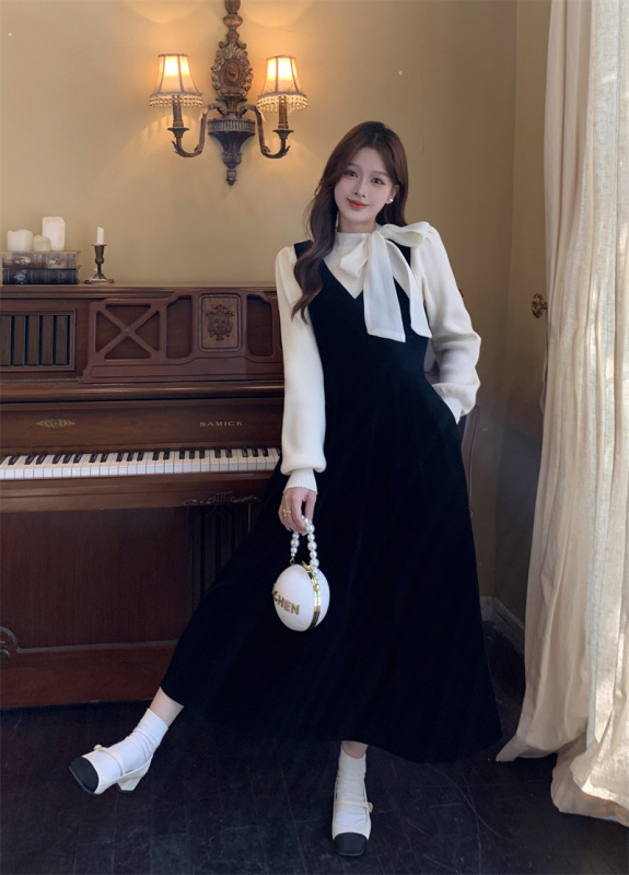 New side bow knitted bottoming + Korean style thickened velvet vest dress