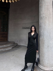 New autumn and winter V-neck dress irregular waist slimming long-sleeved knitted skirt