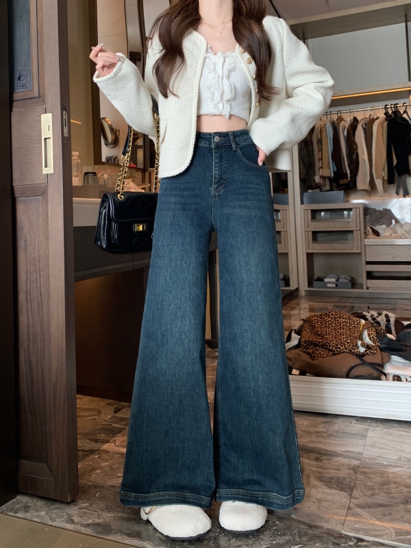 Thickened thin velvet high-waist slimming bootcut denim straight wide-leg pants