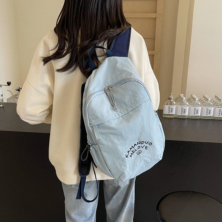 Embroidered Smiley Face Haze Blue Backpack Korean Style Female Large Capacity Student School Bag Outdoor Travel Lightweight Mountaineering Backpack