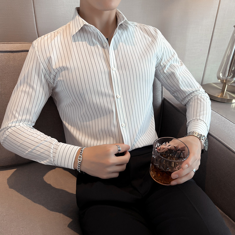 Autumn new light mature business striped elastic seamless long-sleeved shirt men's slim drape shirt