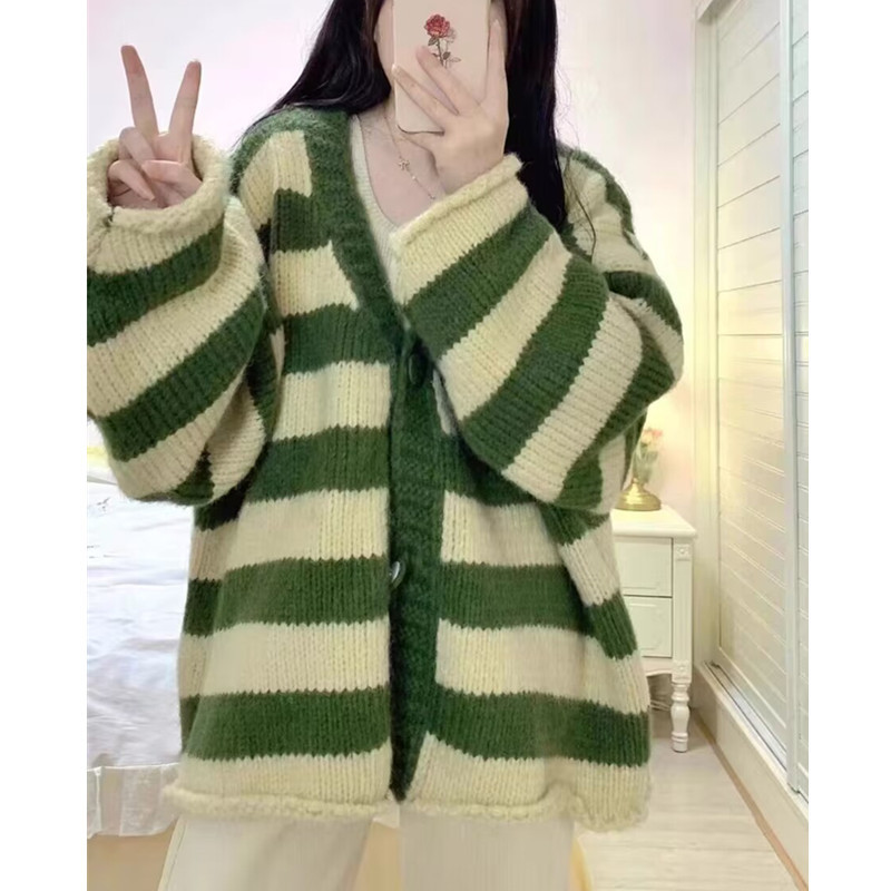 Striped knitted cardigan for women in spring and autumn Korean style lazy style loose sweater soft waxy mid-length top for women