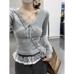 Autumn and winter Korean style v-neck pure desire lace stitching cross-tie long-sleeved slim bottoming T-shirt top