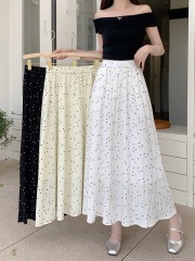 Actual shot ~ real price Korean elastic waist polka dot ice tencel cotton pleated skirt women's casual a-line long skirt