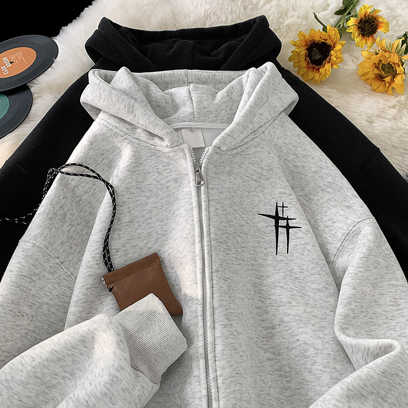 Hong Kong style heavily embroidered zipper hooded sweatshirt autumn and winter