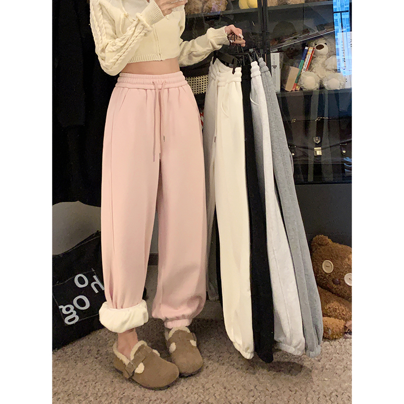 Winter new style velvet thickened drawstring ankle sports casual pants for women