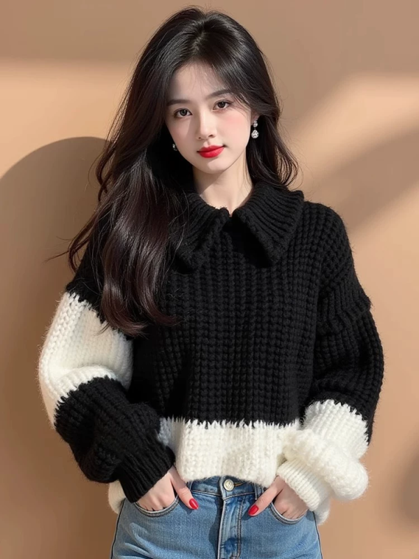 Retro high-end black and white contrasting lapel sweater for women 2024 new style beautiful small fragrance style thick thread knitted top