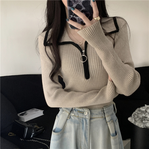 American lapel half-zip sweater for women autumn 2024 new outer wear high-end slim and chic long-sleeved sweater