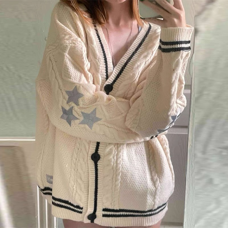 Amazon Twist Knitted Cardigan Women's Autumn Outerwear Korean Style Retro Lazy Style Star Sweater Jacket Women's Design