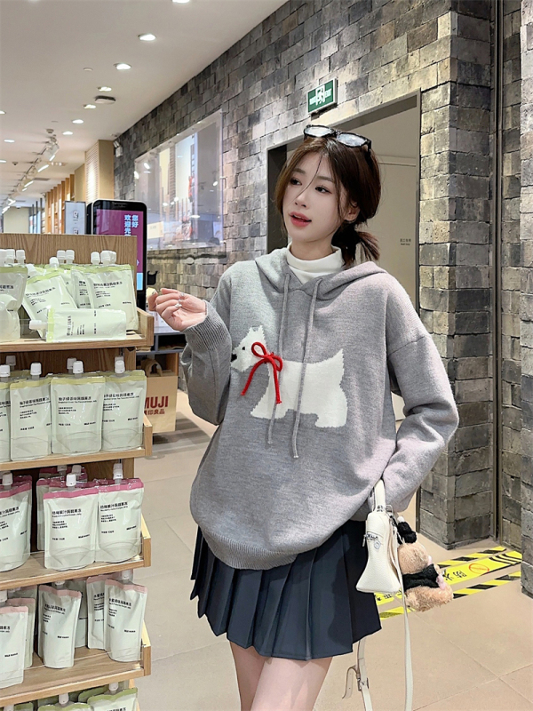 Gray Cartoon Puppy Age Reduction Hooded Sweater Women's Autumn and Winter Small Top Casual Skirt Suit