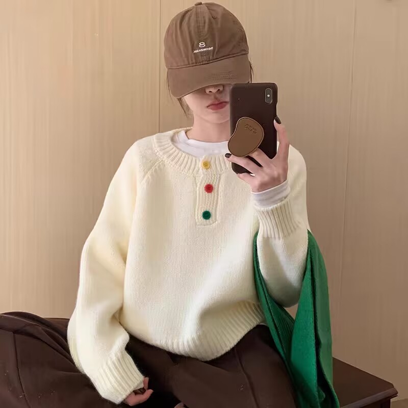 Dopamine Color Button Pullover Sweater 2024 Winter New Korean Style Loose Slim Versatile Knitted Sweater Tops for Women
