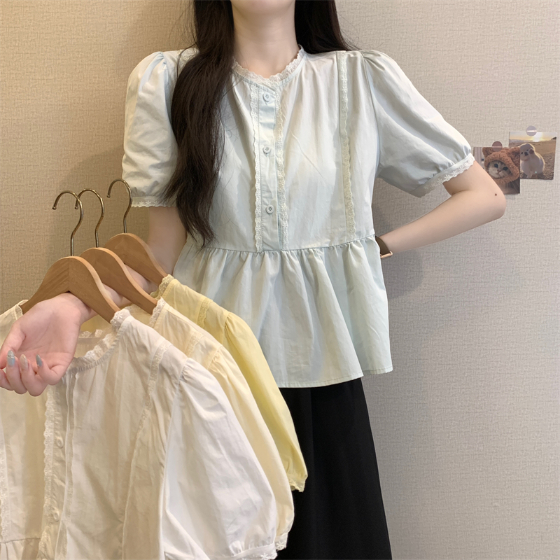 Actual shot and real price~French gentle puff sleeve shirt for women summer lace short-sleeved short top for small people